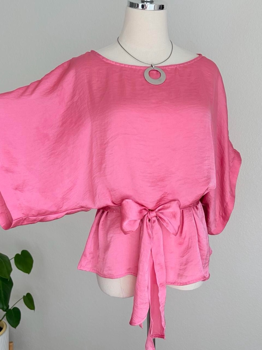 New York & Company Pink Tie-Waist Satin Top